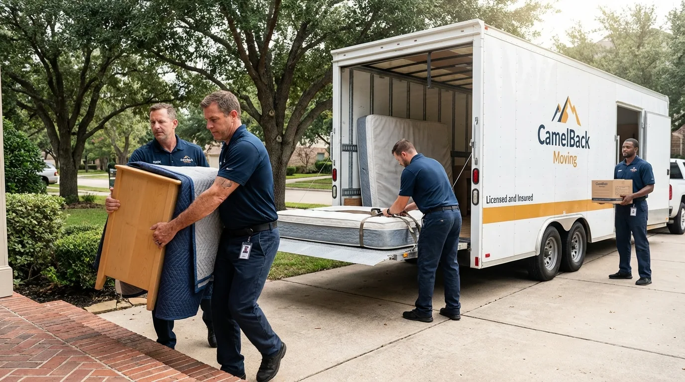 Crew loading residential truck for cross-state move from South Roxana, IL
