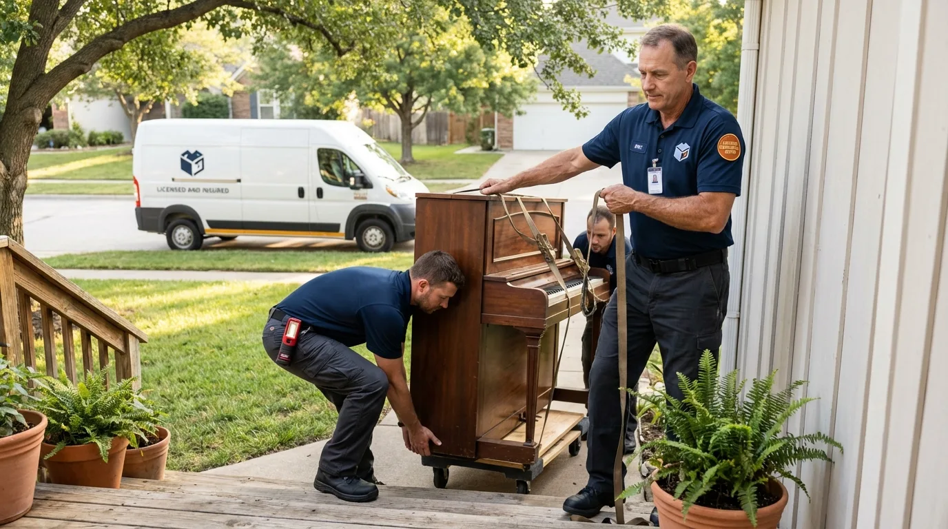 Licensed piano movers securing grand piano in South Roxana, IL