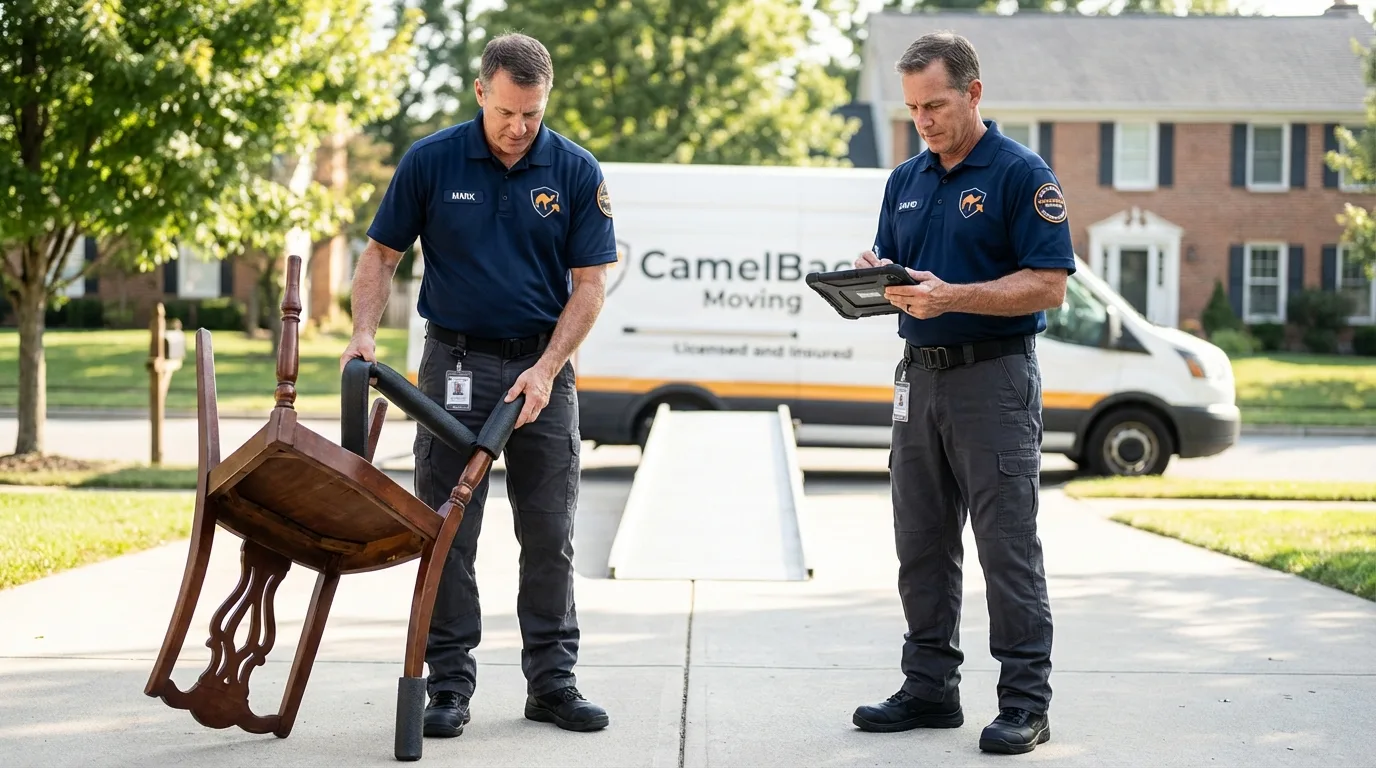 Movers inspecting furniture for damage prevention before loading in South Roxana, IL