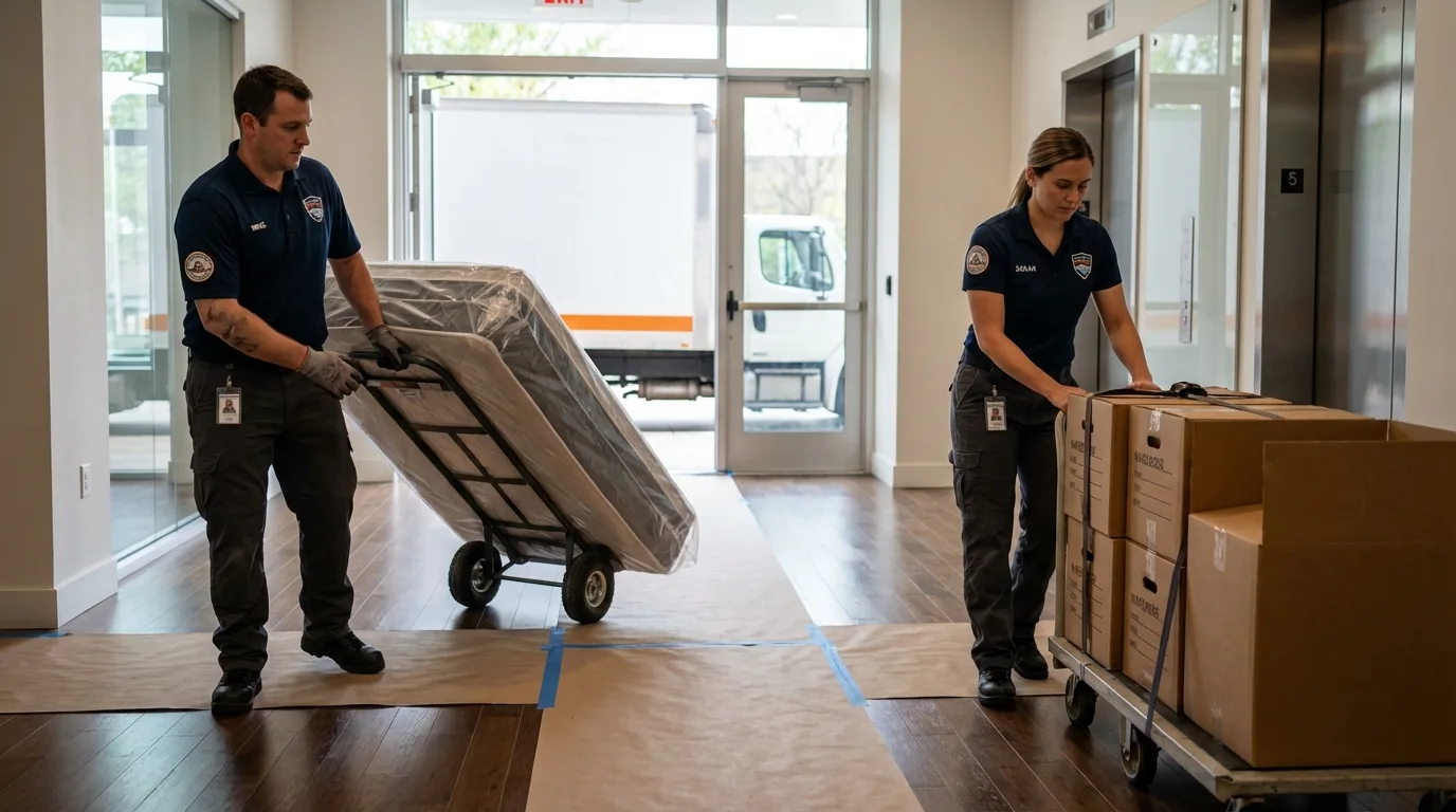 Professional apartment movers loading elevator in South Roxana, IL