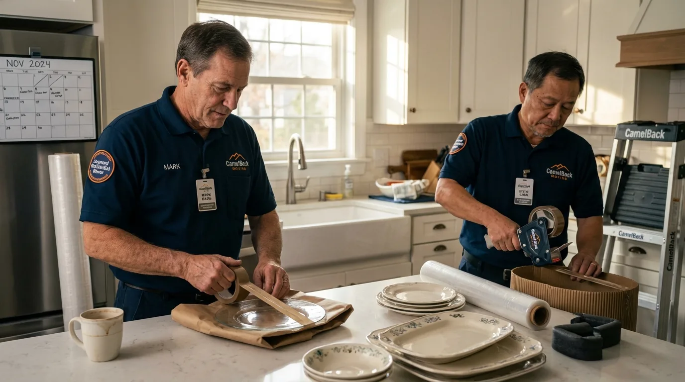 Professional crew packing kitchen dishware in South Roxana, IL